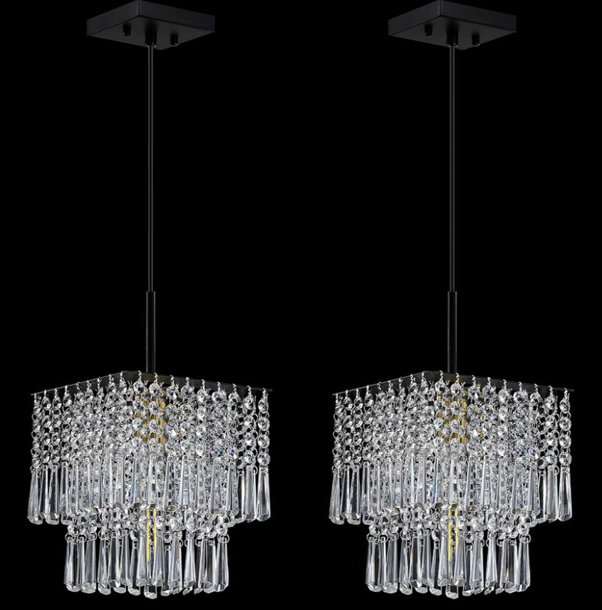 2 Pack 1 Light Hanging Modern Kitchen Island Square 8" Crystal Shade Pendant Light Fixture,Black Gold Finish for Bar,Dining Room,Corridor,Living Room Over Sink