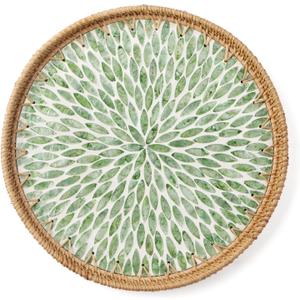 Round Rattan Tray with Mother of Pearl Inlay, Decorative Wicker Serving Tray with Wooden Base, Woven Basket Trays for Bread Fruits Coffee, Leaf