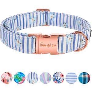 Unique style paws Dog Collar Metal Buckle Blue Striped Flower Collar Gift Durable Cute Collar for  Large Boys Girls Dogs (stripe flower) L
