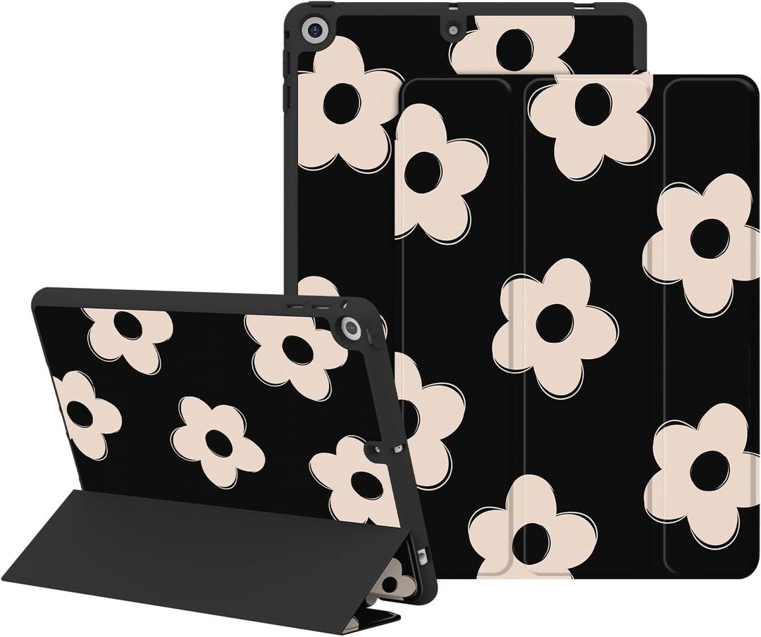 Lornpa Case for iPad 9th/ 8th/ 7th Generation 10.2 inch 2021/2020/ 2019, Protective Case with Pencil Holder, Auto Wake/Sleep Trifold Smart Stand Cover for iPad 9th/8th/7th gen, Black Flowers