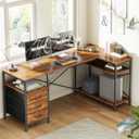 Huuger L Shaped Office Desk with Power Outlets, 55 Inch Computer Desk with 3 Drawers, Shelves, Reverisble for Gaming Corner Work Home Office Study, Rustic Brown