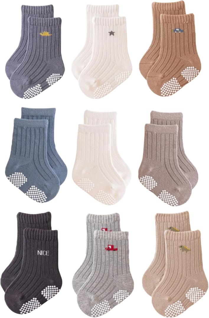 J Poqobog Baby Crew Socks,Grips Combed Cotton Socks Toddler Non-Skid for Girls,Boys Non Slip/Anti Skid 9-Pack