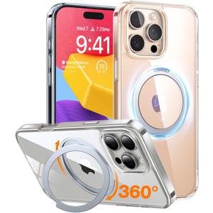 TORRAS 360Rotatable Magnetic for iPhone 16 Pro Case 6.3 inch, Fit for MagSafe 16 Pro Phone Case, 16FT Military Grade Shockproof, Flush Stand Ring, Translucent Slim Protective Ostand, Clear