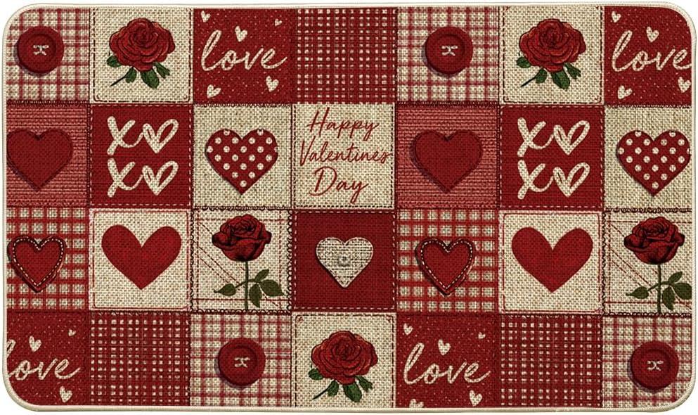 Artoid Mode Buffalo Plaid Love Hearts Valentines Doormat,Home Decor Low-Profile Door Mat Switch Rug Floor Mat for Indoor Outdoor 17x29 Inch