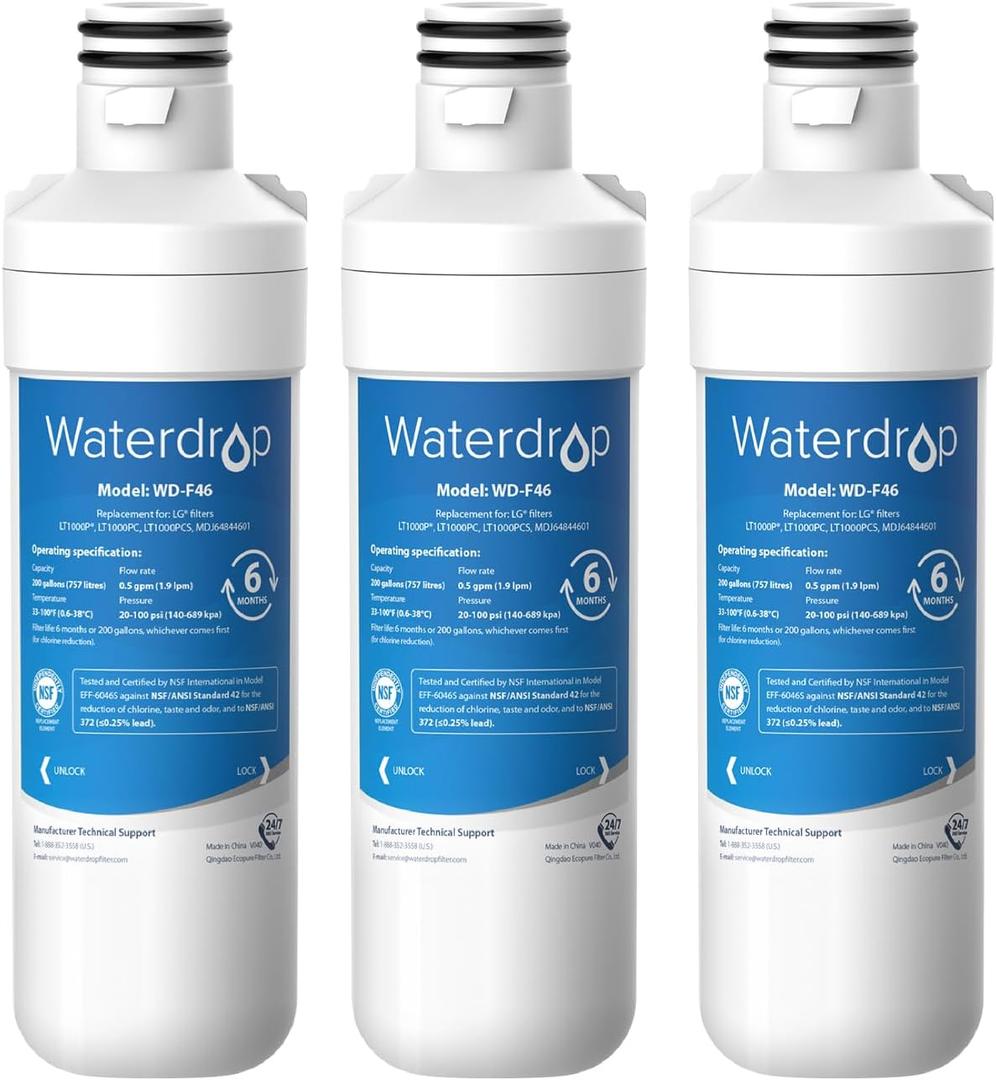 Waterdrop LT1000PC ADQ747935 MDJ64844601 Refrigerator Water Filter, Reduce chlorine, bad taste and odor, Replacement for LG LT1000P, ADQ74793501, ADQ74793502, Kenmore 46-9980, Pack of 3
