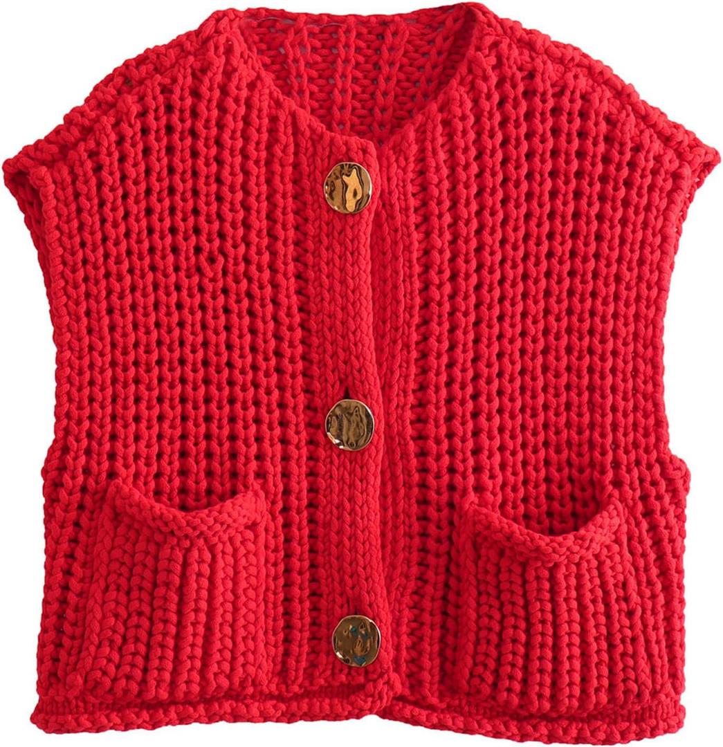 Wyeysyt Sweater Vest Women Sleeveless Crop Knit Cardigan Casual Button Down Cropped Knitted Sweater Vest with Pockets (Medium, Red)