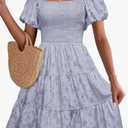 Dowerme Womens Summer Dresses 2025 Puff Short Sleeve Square Neck Smocked Floral Wedding Guest Mini Dress with Pockets, L