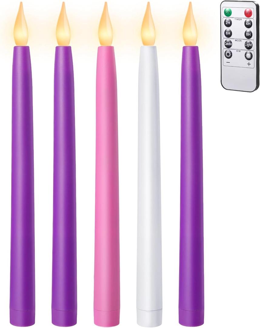 10.5'' Advent Candles Battery Operated Set of 4 with Remote, Timer & Dimmer, Plastic Flameless LED Taper Candlesticks for Advent Wreath, Christmas Table Centerpiece Decor