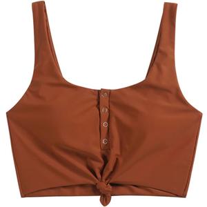 ZAFUL Women's Front Knot Bikini Tops Crop Tankini Top Scoop Neck Padded Bathing Suit Tops (X-Large, 0-brown)