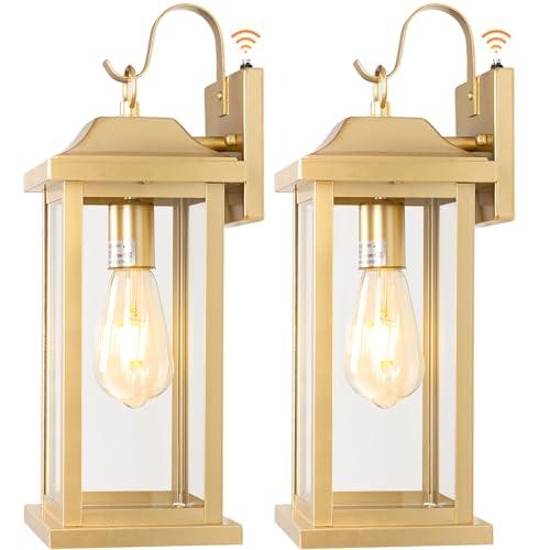 Roravilila Large Gold Outdoor Sconces Dusk to Dawn 2-Pack, 17 Inch Large Porch Light Photocell Brass Outdoor Light Fixtures IP65 Waterproof with Clear Glass Outside Wall Lanterns Wall Mounted Lamps