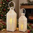 JHY DESIGN Set of 2 Vintage Candle Lanterns 19"&14''H Decorative Metal Candle Holders with Hollow Pattern for Garden Porch Shelf Indoor Outdoor Parties Weddings Patio(White Brushed Gold)