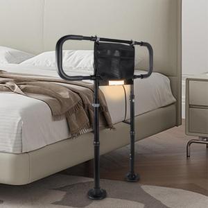 Bed Rails for Elderly Adults Safety: Adjustable Heights Bed Cane with Storage Pocket, Non-Slip Handle, Motion Sensor Light, Bedrails for Elderly Adults Grab Bar Bed Handrails, Can Withstand 400LB (Upgraded Model, Black)