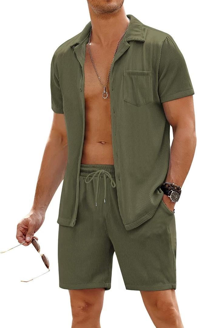 COOFANDY Men's 2 Pieces Shirt Sets Short Sleeve Casual Button Down Hippie T-Shirts Shorts Sets Summer Fashion Beach Outfits (Green, M)