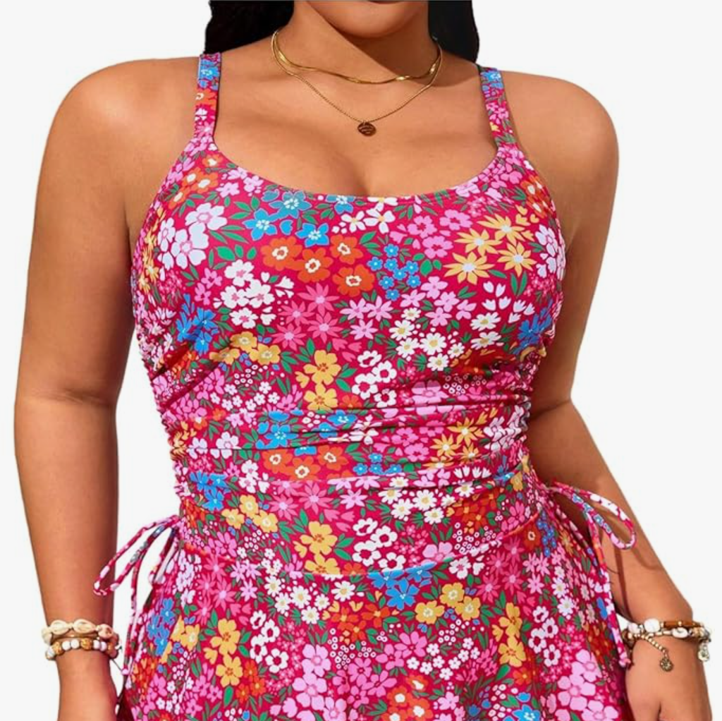 Women's Plus Size 2 Piece Floral Tankini Set, Scoop Neck Tankini, Top High Waisted Bikini Bottoms, Swimwear, Swimsuit