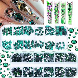 2120 Pcs Emerald Green Nail Rhinestones Green Crystals Glass Gems Stones Round Beads Flatback Rhinestones Multi Shapes Sizes Nail Charms for Nail DIY Crafts Clothes Shoes Jewelry