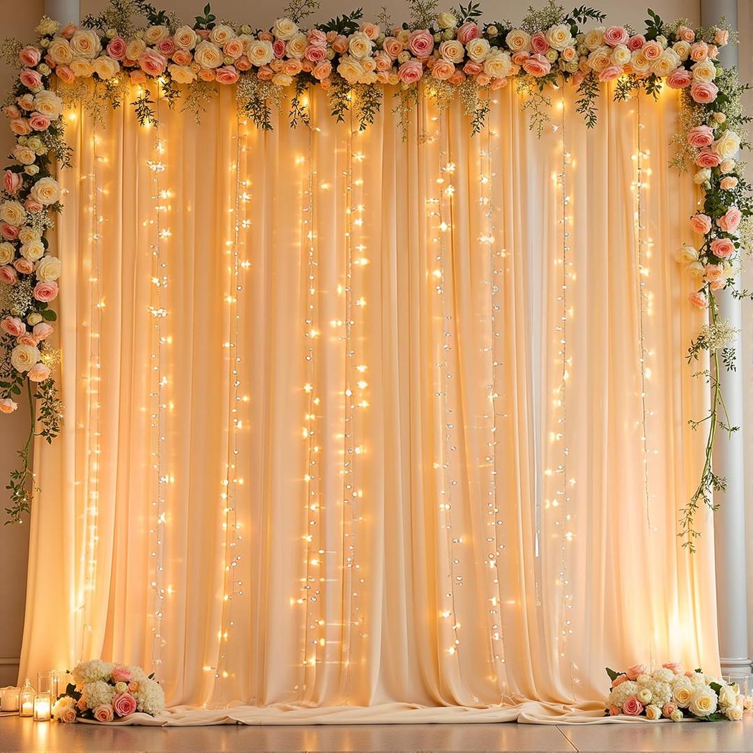 10 x 10ft Dark Champagne Backdrop Curtains with Lights String for Wedding Polyester Photo Backdrop Drapes Wrinkle Free Long Curtains Back Drop for Birthday Parties Reception Baby Shower Ceremony Event (W5' x H10'(2 panels))
