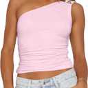 BAIGRAM Women Sleeveless Y2K Beaded Buckle One Shoulder Crop Tank Tops Asymmetric Ruched Slim Fit Summer Boho Going Out Tops Pink (Pink, L)