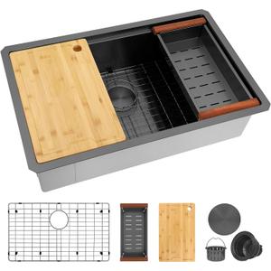 27 Inch Workstation Black Kitchen Sink, 16 Gauge Undermount Sink, 27"x19"x9"