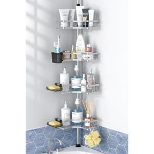 Corner Shower Caddy Tension Pole: 4tier adjustable Rustproof Bathroom Organizer Shelves - Bathtub shampoo rack 43.5-120 inch