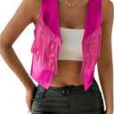 MakeMeChic Women's Sequin Fringe Vest Sleeveless Metallic Y2K Crop Cowgirl Western Jacket (Hot Pink), Small
