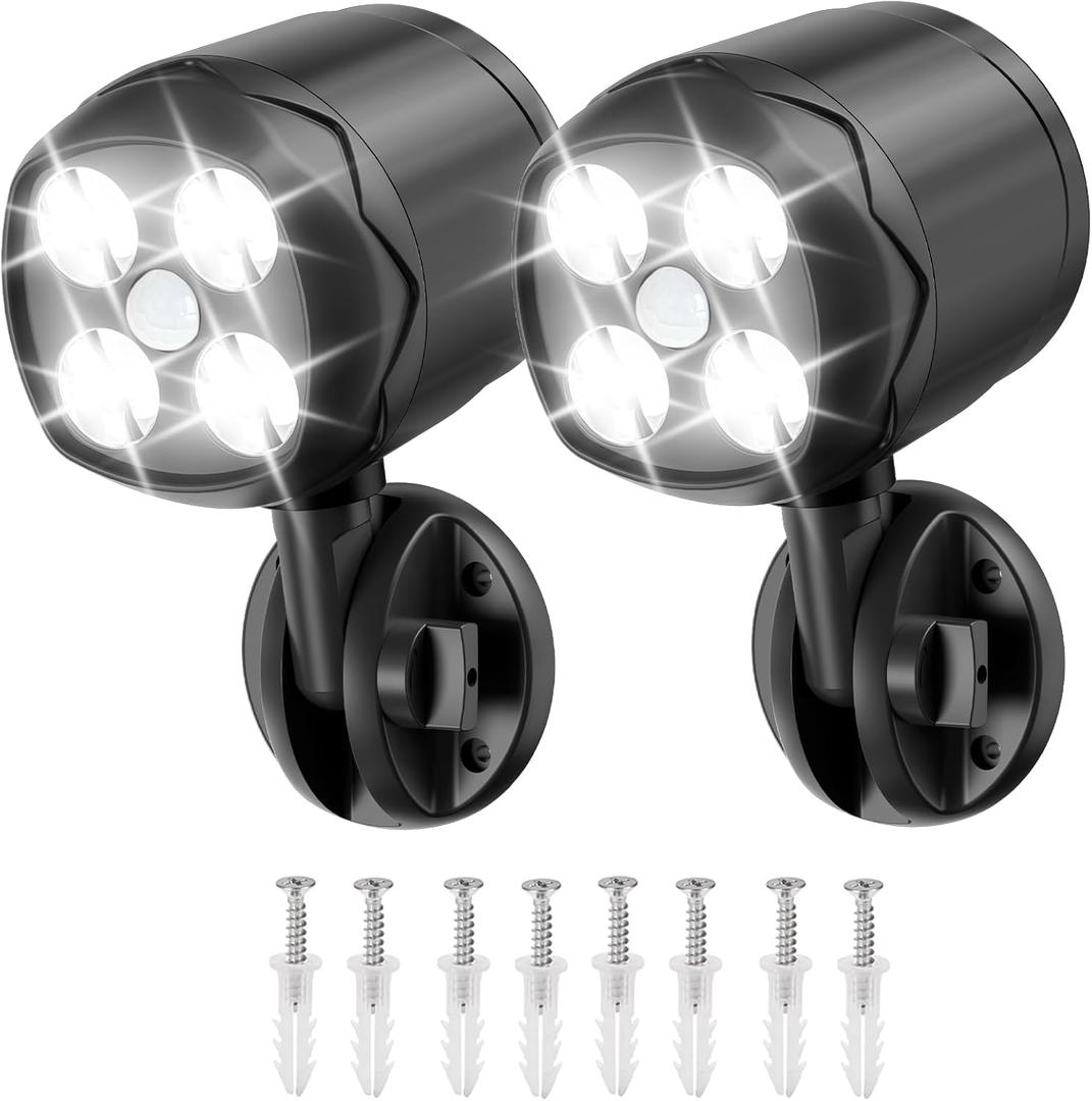 Battery Operated Motion Outdoor Waterproof Lights, 800 Lumen Bright Battery Powered Night Activation Security Spotlight for Porch, Trash Can, Stairs, Garage (2 Pack)