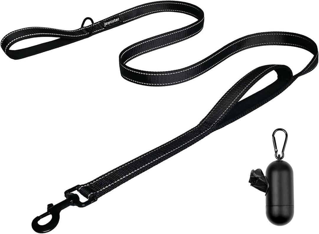 Heavy Duty Dog Leash with Dog Poop Bag Dispenser - 2 Handles by Padded Traffic Handle for Extra Control, 6foot Long - Perfect for Medium to Large Dogs (6 ft, Black)