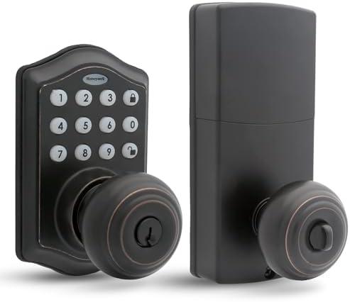 Honeywell Safes & Door Locks - Keyless Entry Smart Electronic Door Knob Lock with Digital Keypad - 50 Different User Pin Codes - Auto Lock & 1 Touch Locking - Oil Rubbed Bronze, 6.5x8.8x9 in - 8732401