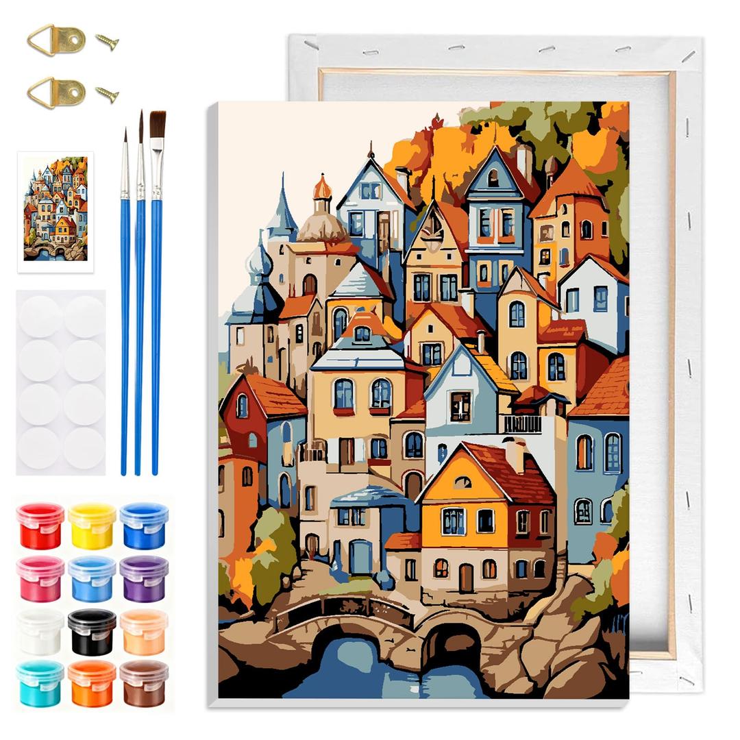 GHHKUD House Paint by Numbers with Frame for Adults Beginners, DIY Landscape Paint by Numbers for Age 6-12, Art on Canvas Gifts Home Wall Decor 8x12in