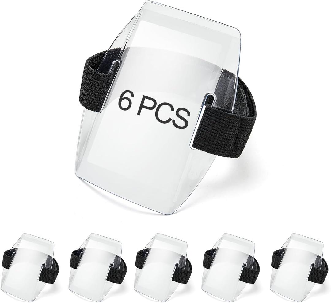 6Pcs Arm Badge Holder Armband ID Card Holder Waterproof Armband Badge with Adjustable Elastic Strap for Office Staff, Students, Employees, Universal Size, Transparent