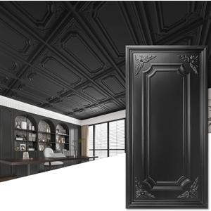 Art3dwallpanels 12 Pack Drop Ceiling Tiles, 2x4 Ft PVC Decorative 3D Wall Panel, Glue Up Ceiling Covering Panels for Basement Kitchen Bathroom, 24x48 Inch, Cover 96 Sq. Ft, Black
