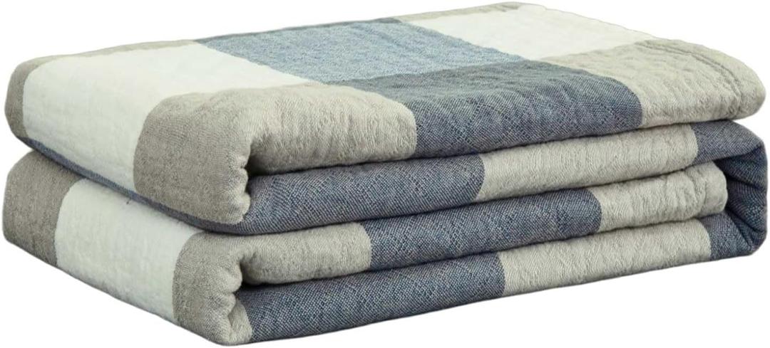 4 Layer Muslin Throw Blanket,100% Cotton Blankets for Couch Breathable Soft Blanket for Bed Fluffy Bath Towel Pre-Washed Comfortable Blanket for Summer Night Sweats,Blue Checkered,40"x60"