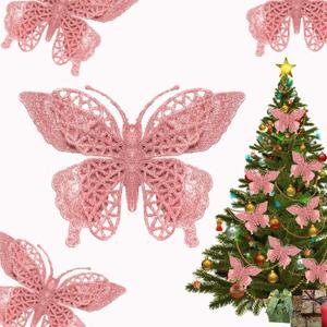 15 PCS Glitter Christmas Tree Butterfly Ornaments, Hollow Butterfly Christmas Decorations with Clips, Artificial Butterfly Ornaments Decoration for Christmas Tree, DIY Xmas Wreath Decor - Pink