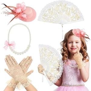 Sintege 4 Pcs Girls Tea Party Set Girls Tea Party Accessories Gloves Hats Necklace Fans for Toddler(White)