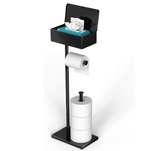 CISILY Black Toilet Paper Holder Stand with Storage Shelf, Free Standing Toilet Paper Roll Holders, Bathroom Toliet Tissue Holder Accessories Essentials