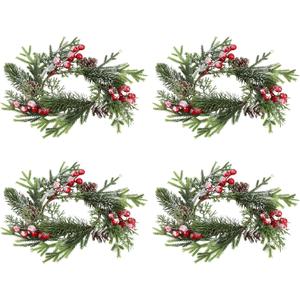4 Pcs Mini Christmas Wreaths, Christmas Candle Rings Wreaths with Pinecones Red Berries & Cedar for Table Centerpieces Door Window Cabinet Hanging Holiday Party Decor