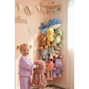 Stuffed Animal Storage Zoo with Decorative Muslin Garland - Cute Wooden Toy Storage Organizer for Kids Playroom or Nursery - Clever and Easy to Assemble Corner Wall Holder Maximizes Small Spaces