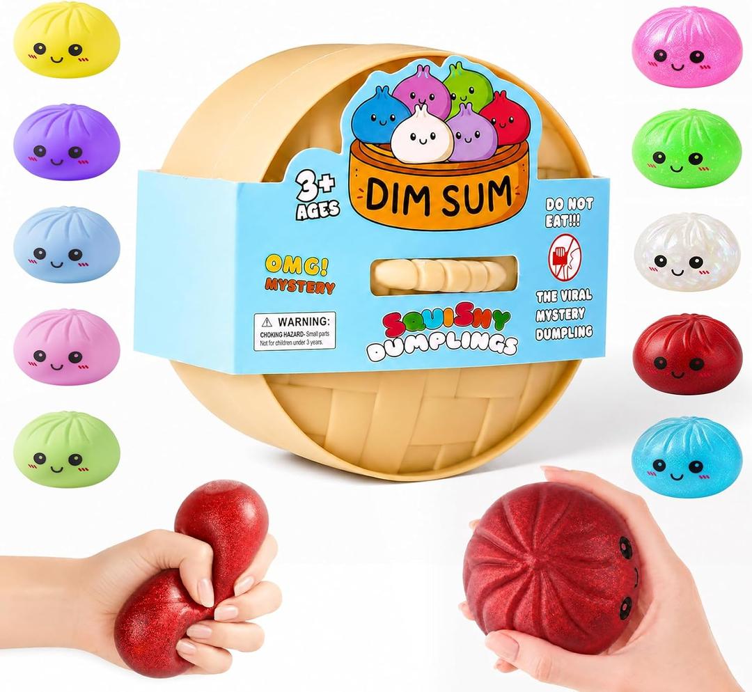 Dumpling Squishies, Dumpling Mystery Box, Colorful Dumplings Stress Balls Fidget Sensory Toy, Stocking Stuffers with Food Steamer Stretchy Desk Toys (Flash red)