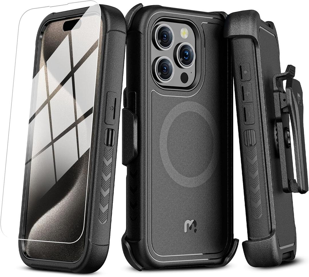M MYBAT PRO Maverick Series iPhone 15 Pro Max Case with Belt Clip Holster,[Compatible with Magsafe] w/Screen Protector,Anti-Drop,Shockproof,with 360Rotating Kickstand,Heavy Duty Protection Black