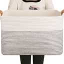 OIAHOMY Large Blanket Basket, 65L Cotton Rope Woven Laundry Basket, Toy Bin for Baby Room, Container for Blanket Storage in Living Room, 20''16''12'', Black & White