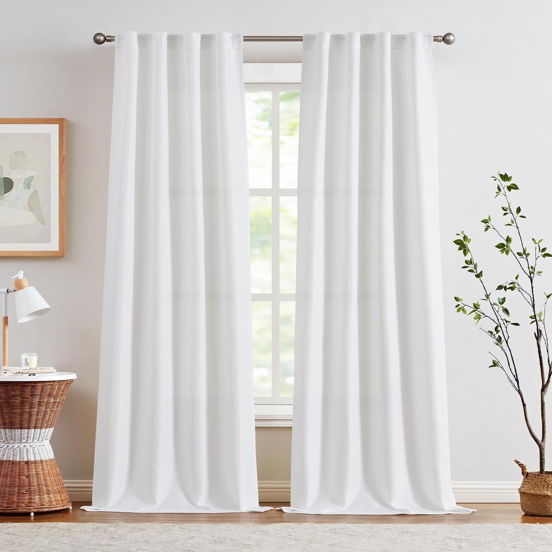 jinchan White Curtains for Living Room Bedroom Linen Textured Curtains 108 Inches Long Farmhouse Country Curtains Casual Weave Back Tab Drapes Light Filtering Window Curtains 2 Panels White