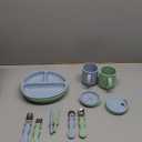 PandaEar Silicone Baby Feeding Set| 2 Pack Silicone Divided Suction Plate and 2 Pack Tiny Cup with 2 Spoons 2 Forks| Baby Led Weaning Supplies Self Feeding Eating Utensils (Light Blue/Light Green)