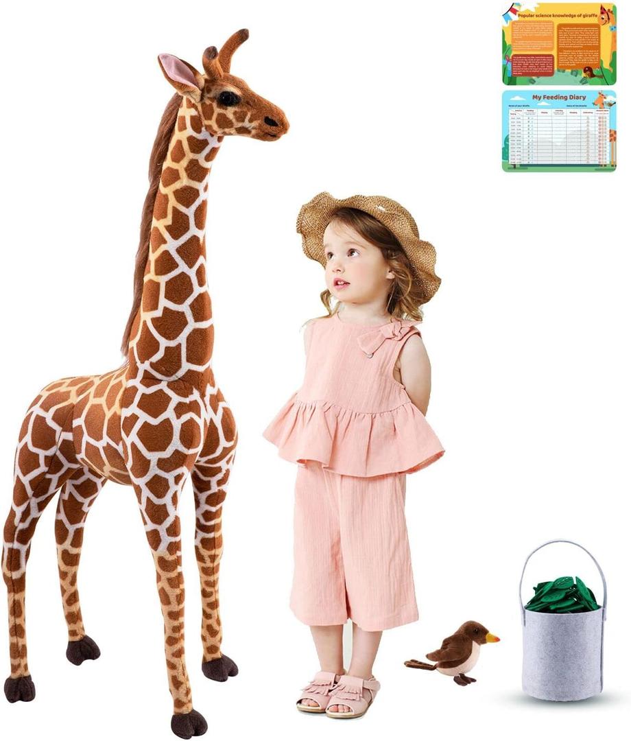 BRINJOY Giant Stuffed Giraffe Animal Set, 47 Inch Large Giraffe Plush Toy for Kids with Bird & Basket & Leaves & Card, Toddler Lifelike Standing Toys Stuffed Animal for Girls Boys