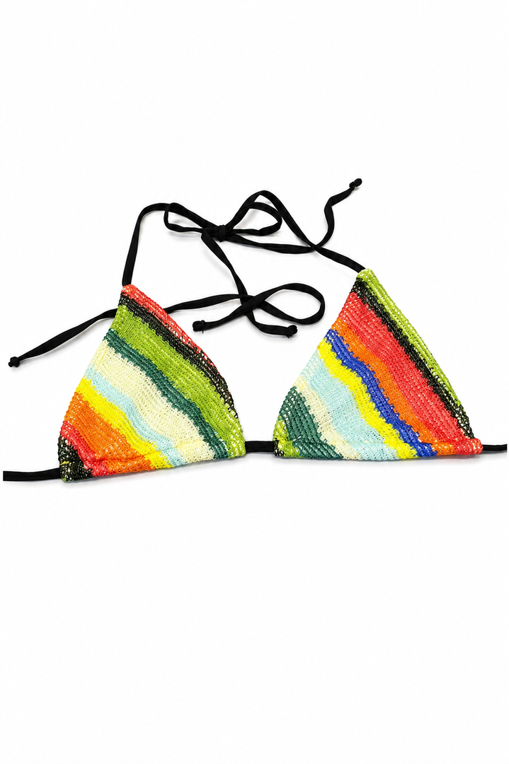 ZAFUL Womens Colorblock Stripes Triangle Halter Tied Swimsuit Bikini Top Bathing Suits Top M