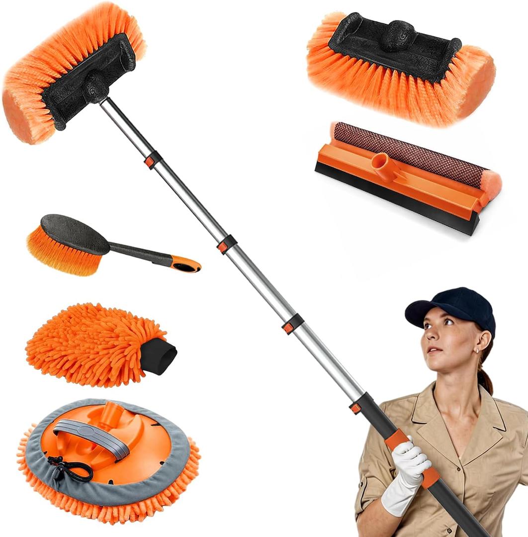 SISUPASSIE 16FT Car Wash Brush with Long Handle, Car Cleaning Brush Kit with Soft Bristle Brush, Solar Panel Cleaning Kit, Window Squeegee, Microfiber Mop, Wheel Brush, Mitt for Truck, RV, Boat