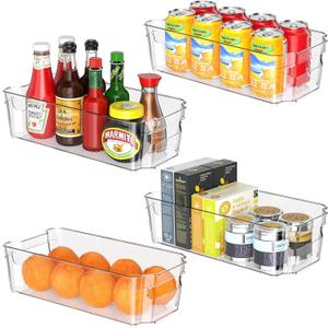 Clear Fridge Organizer, Refrigerator Organizer Bins with Handle, Freezer, Kitchen Cabinet, Pantry Organization, BPA Free Fridge Organizers (12.4 inch 4 Pack)