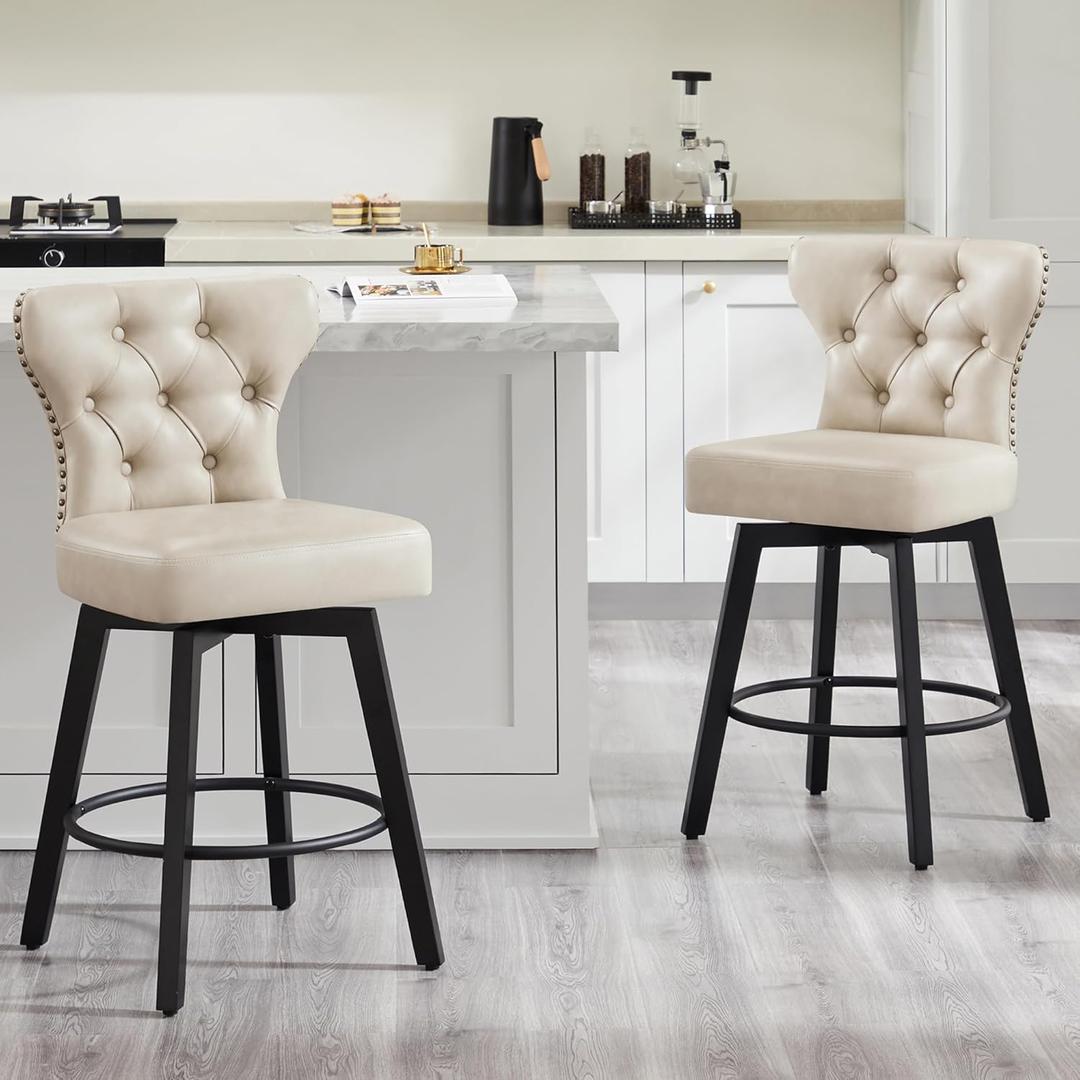 Counter Height Barstools 26 inch Upholstered Button Tufted Swivel Bar Stools with Back and Wood Legs for Kitchen Island,Set of 2,Beige-Nailhead Trim