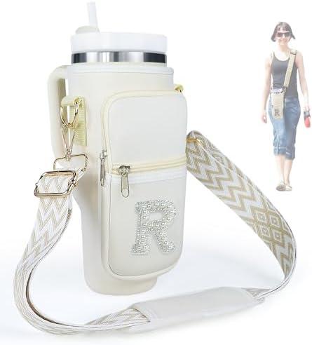 Water Bottle Holder with Strap for Stanley 40 oz Tumbler, Initial A-Z Water Bottle Carrier Sling Bag with Pouch Phone Pocket Handle Crossbody Water Bottle Holder Case Sleeve for Walking Camping Gym