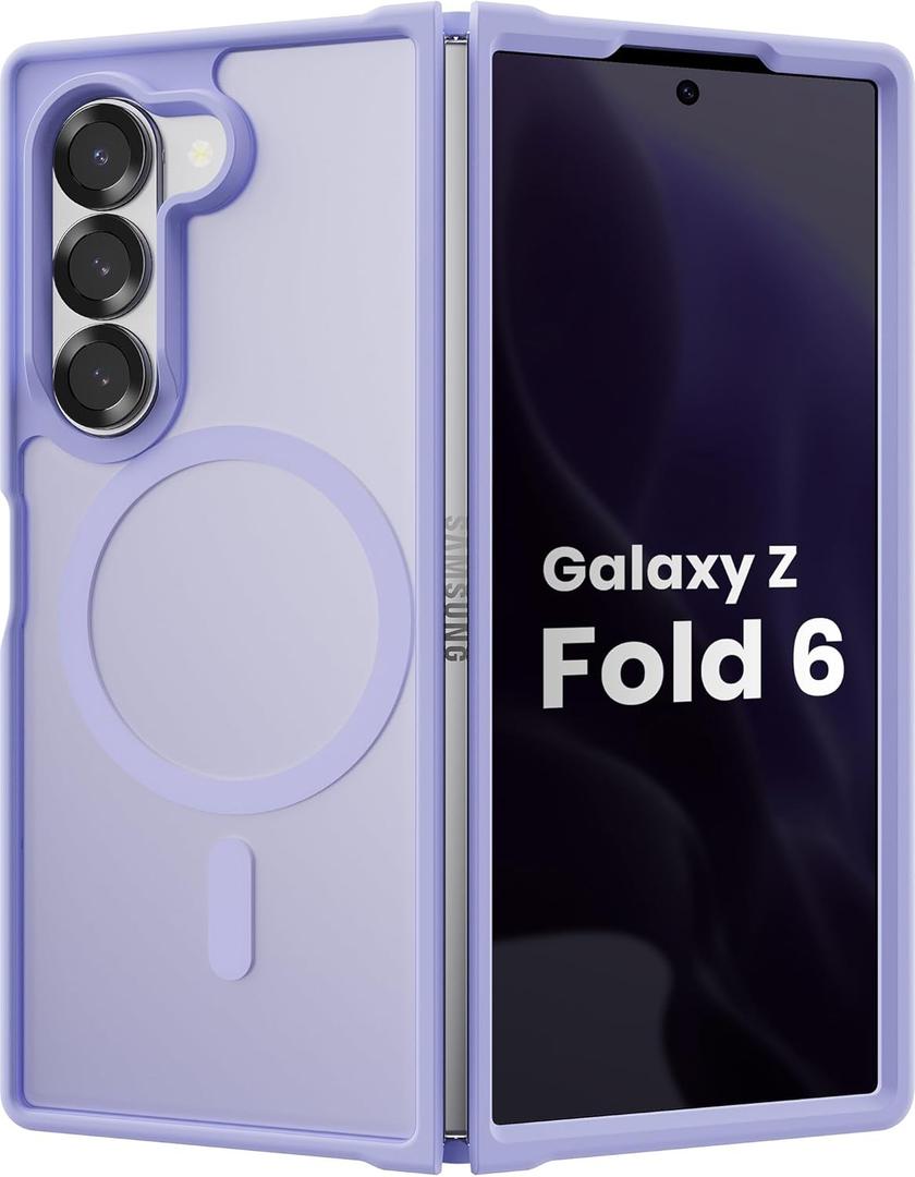 Magnetic Case for Samsung Galaxy Z fold 6 Case, Slim Translucent Matte Phone Cover with Shockproof TPU Frame & Scratch-Resistant PC Back, Strong Magnetic Ring, Lavender Purple