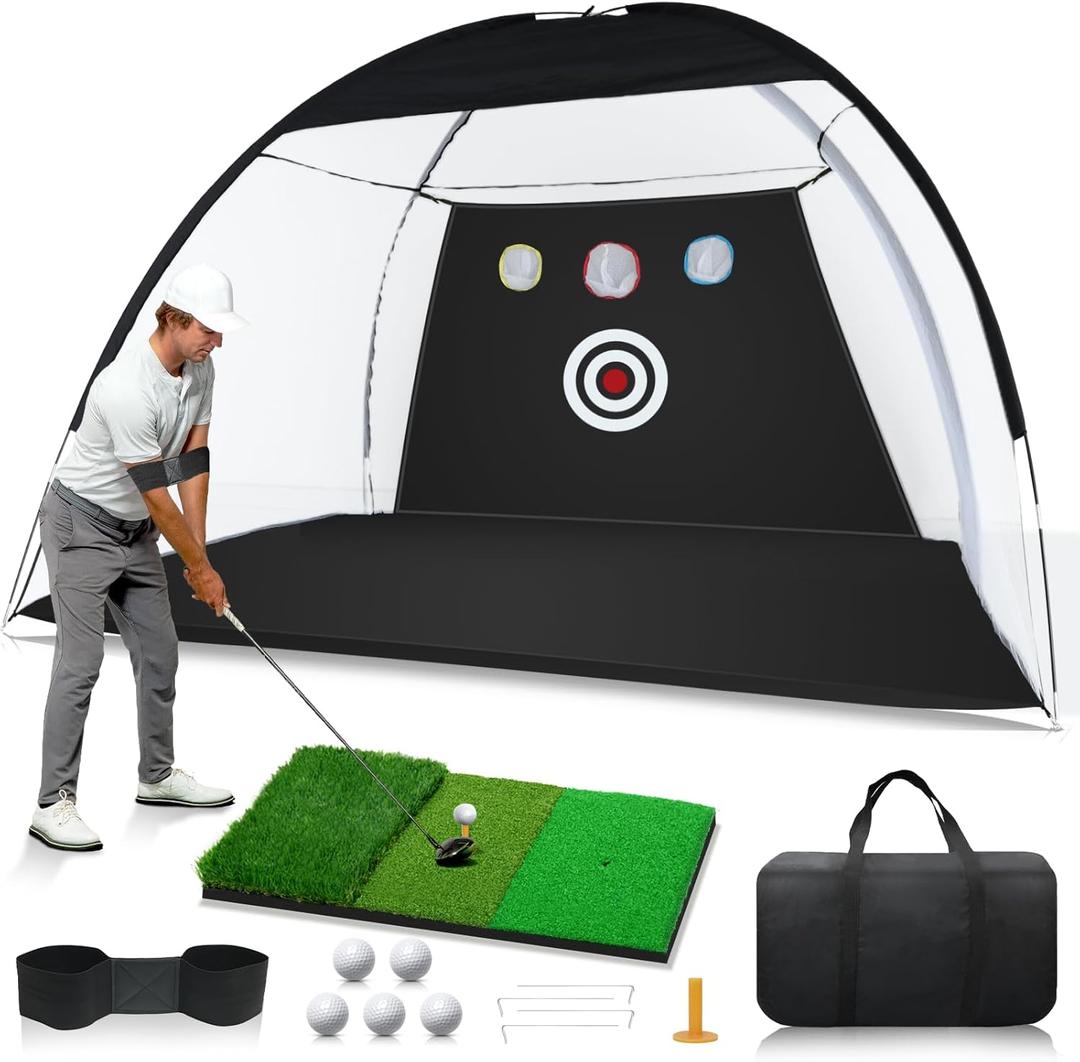 Golf Net: 10 x 7ft Golf Hitting Nets for Backyard Driving, Indoor & Outdoor Chipping Practice, Targets, Swing Correcting Arm Band & Balls, Ideal Gifts for Him Men Dad Husband