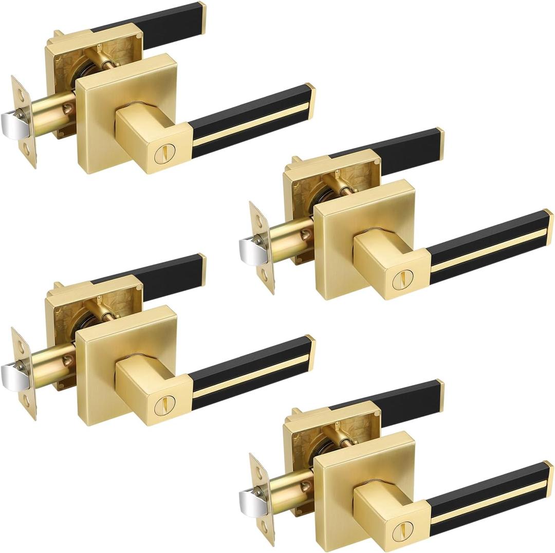 EHOMEWARE 4 Pack Gold Door Knobs with Lock, Keyless Interior Door Handle with Black Leather, Heavy Duty Privacy Door Lever for Bedroom Bathroom, Reversible Door Lever for Right or Left Handed Doors